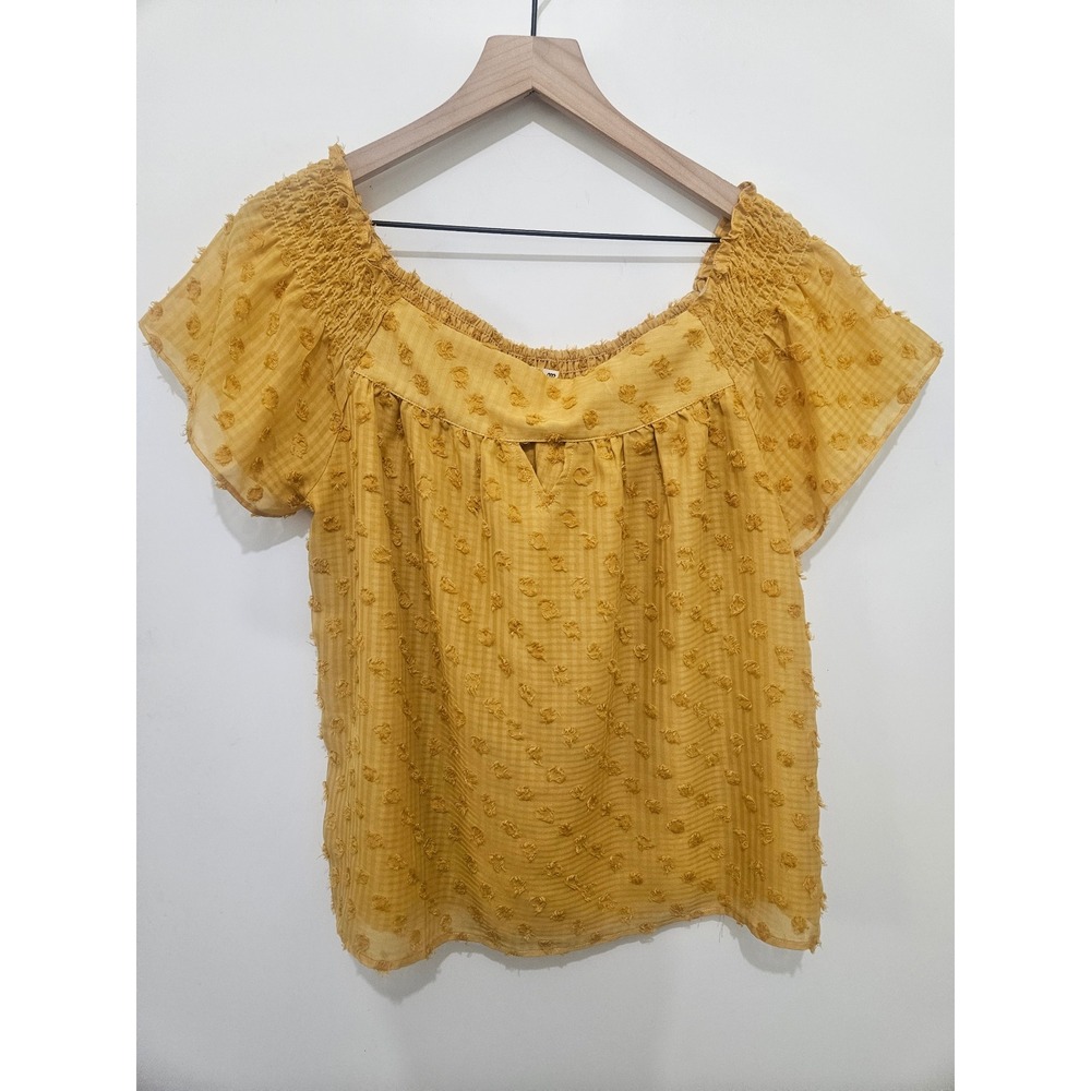 Miss Me Mustard Yellow Clip Dot Plaid Smocked Off Shoulder Blouse MT1206S Large